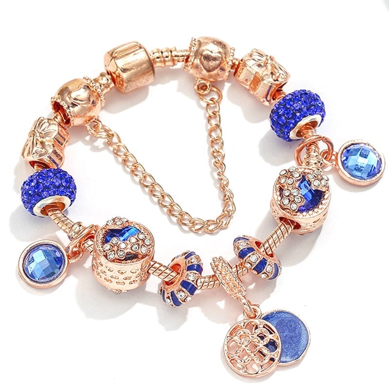 Pulsera Plata Rosa y Cristal Azul