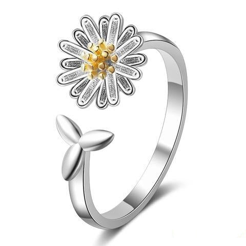 Anillo Girasol™ Anillo  de plata 925 abierto con forma de margarita, tamaño ajustable