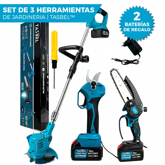 SET 3 HERRAMIENTAS JARDINERIA TASBEL™ INCLUYE 2 BATERÍAS DE REGALO 🎁