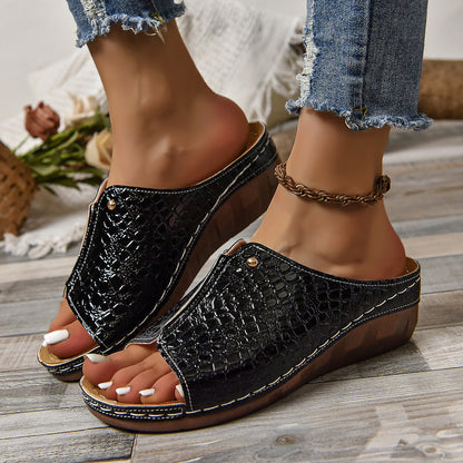 Fashion Crocodile-pattern Wedges Sandals Summer Outdoor Thick-soled Slippers Fish Mouth Shoes For Women