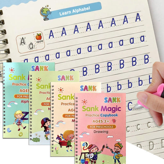 Sank Magic™ Kit 4 cuadernos mágicos de caligrafía reutilizables + Lapiz con 10 recargas de tinta