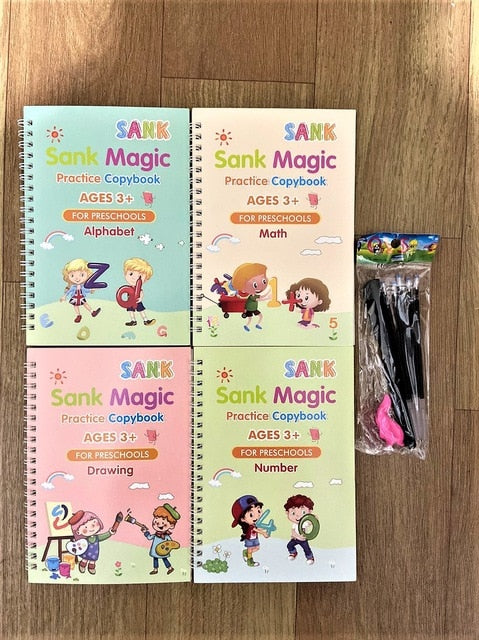 Sank Magic™ Kit 4 cuadernos mágicos de caligrafía reutilizables + Lapiz con 10 recargas de tinta