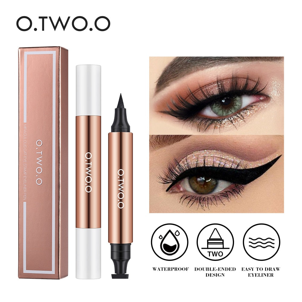 OTWOO- Delineador de ojos líquido negro, resistente al agua, secado rápido, doble punta, maquillaje para mujeres