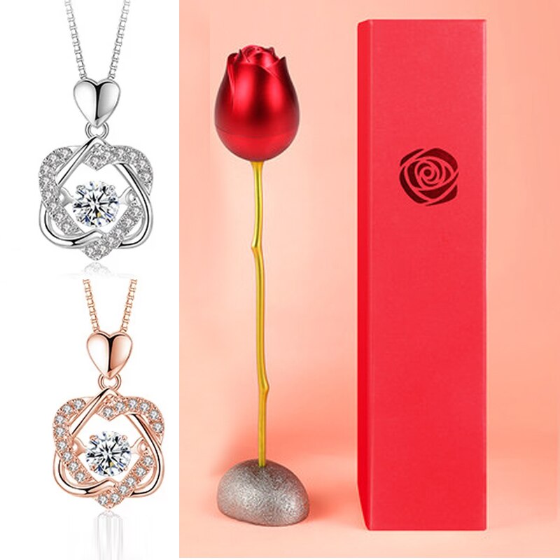 Colgante de doble corazón + Estuche con forma de Rosa de regalo