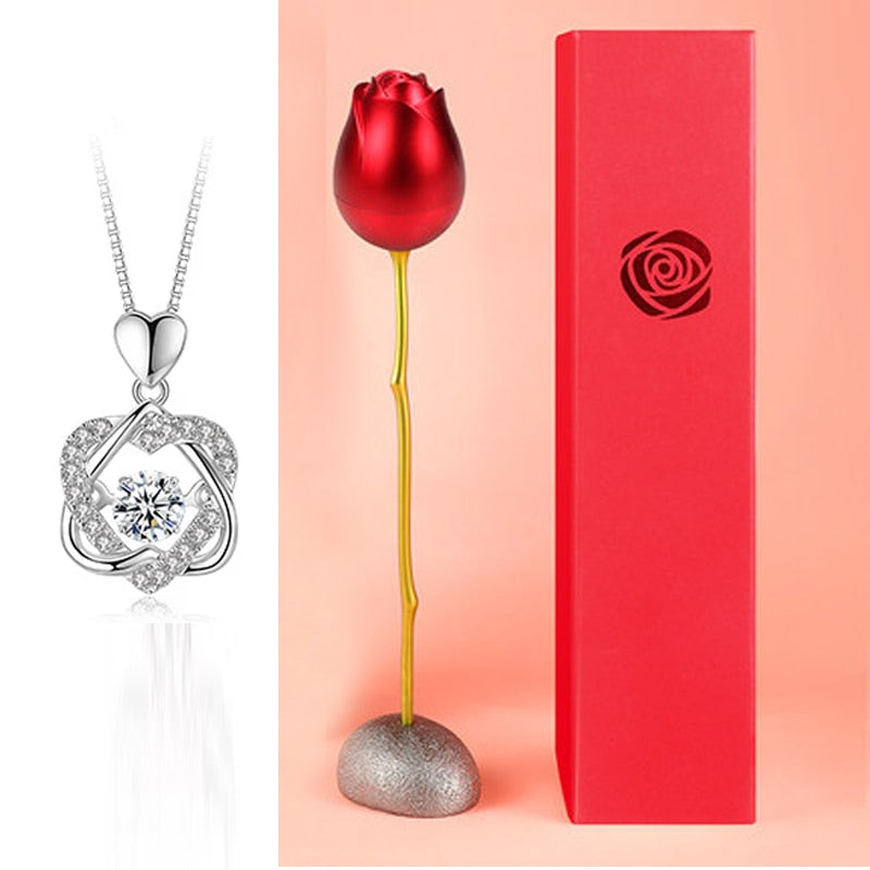 Colgante de doble corazón + Estuche con forma de Rosa de regalo